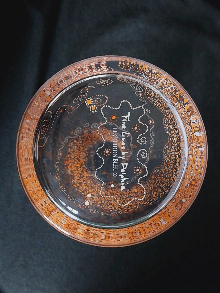 PLAYFULL and CREATIVE - Glass water Jug 1 liter, hand painted with Light Language codes in orange gold yellow spirals and dots