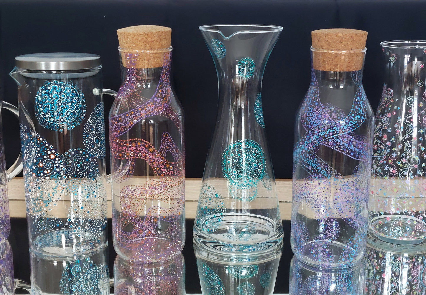 TRUTH and CLARITY - Glass water Jug 1 ltr-handpainted Light Language dots teal blue and green