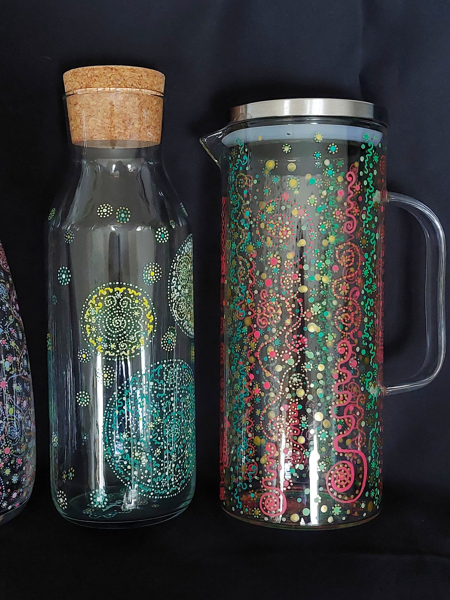 PURPOSE - Glass water bottel 1 ltr, handpainted dots Light Language Codes teal blue, yellow, white