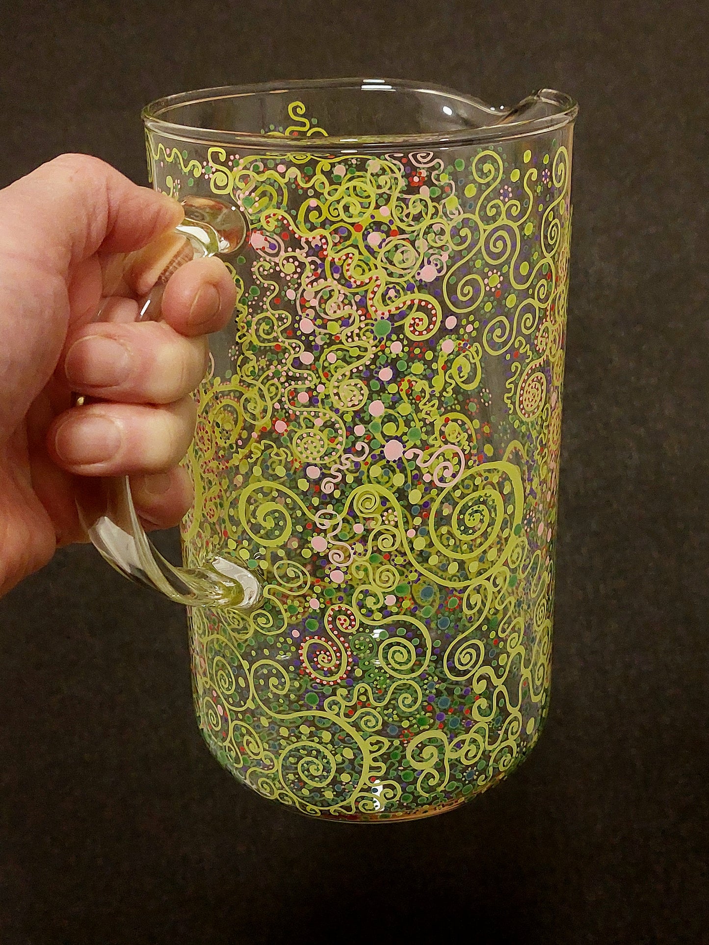 LOVE IS ALL AROUND - Glass water jug, handpainted dots Light language codes, green pink red purple