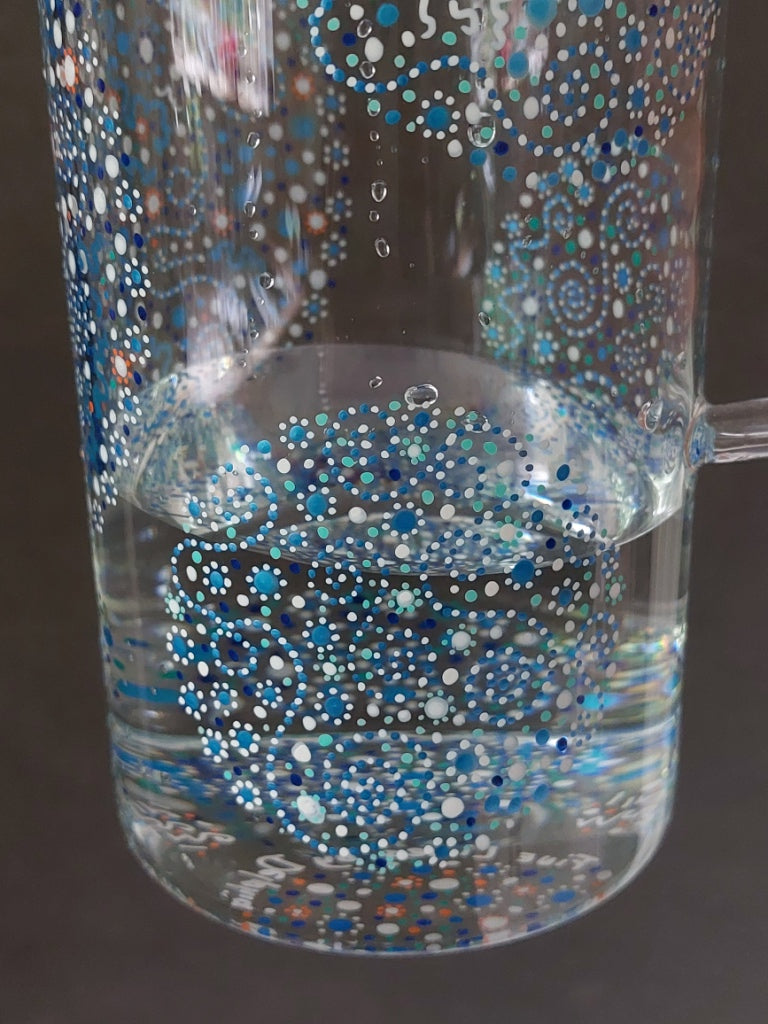 FLOW and CLARITY - Glass water Jug-handpainted with Light Language-dotting circles-(metalic)blue, aqua blue, white, orange