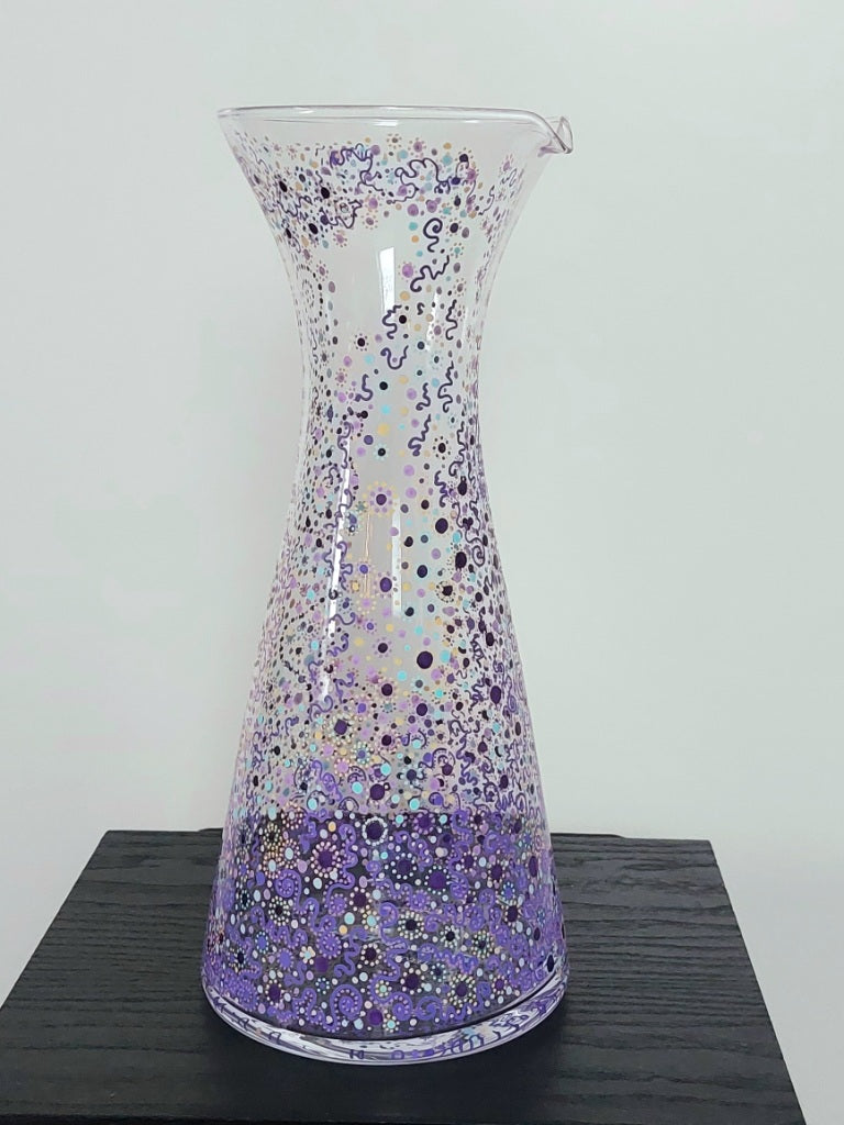 FOCUSED POWER - Glass water Jug 1 ltr-handpainted-circles dotting-Light Language Codes-Purple Aqua