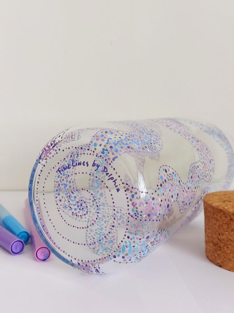 FLOW, CLARITY OF PURPOSE - Glass water bottel 1 liter, handpainted with dots and Light Language Codes in Blue Purple Lilac