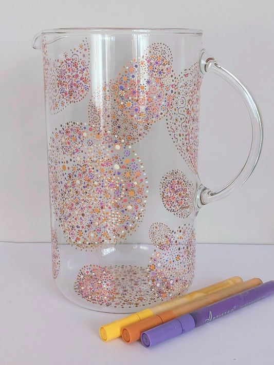 GRATITUDE and JOY - Water Jug 1,6 ltr  handpainted with red pink orange spirals dots and Light Language