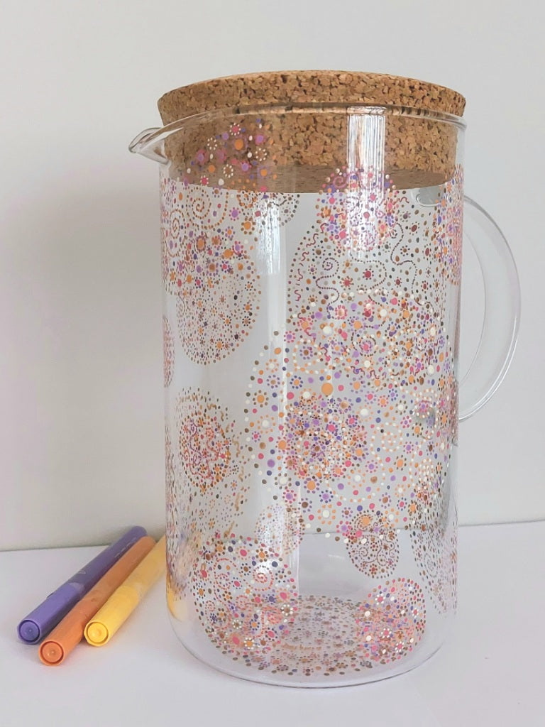GRATITUDE and JOY - Water Jug 1,6 ltr  handpainted with red pink orange spirals dots and Light Language