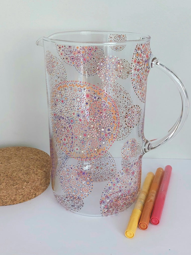 Water Jug-handpainted-circles dotting-Gratitude-Red pink orange purple Light Language Codes