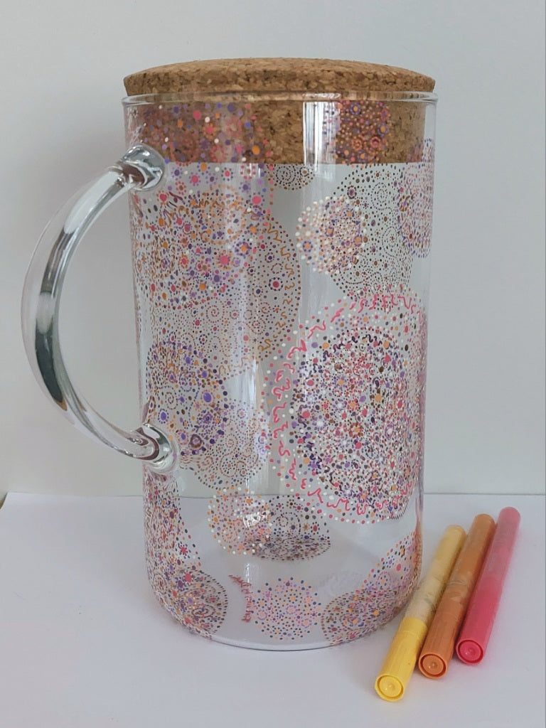 Water Jug-handpainted-circles dotting-Gratitude-Red pink orange purple Light Language Codes