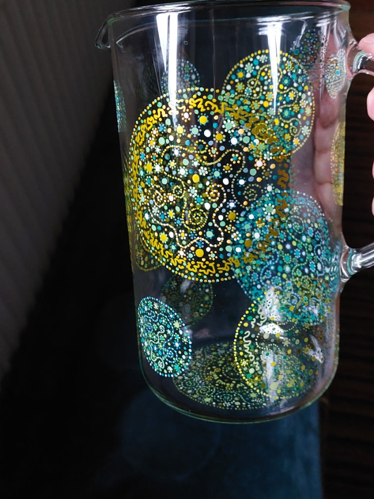 Water Jug 1,6 liter- Spring-Love Joy-hand painted with Light Language, Dots circles spirals in Green, Yellow, Gold blue