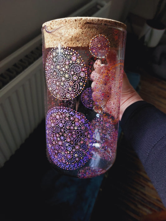 Water Jug-handpainted-circles dotting-Gratitude-Red pink orange purple Light Language Codes