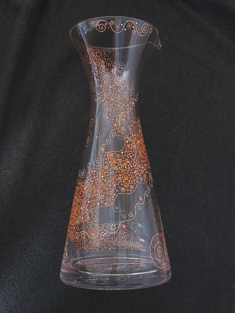 PLAYFULL and CREATIVE - Glass water Jug 1 liter, hand painted with Light Language codes in orange gold yellow spirals and dots
