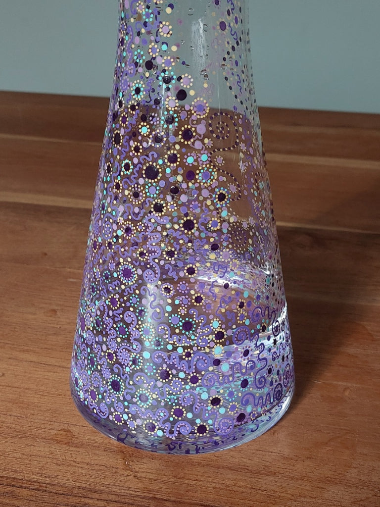 FOCUSED POWER - Glass water Jug 1 ltr-handpainted-circles dotting-Light Language Codes-Purple Aqua