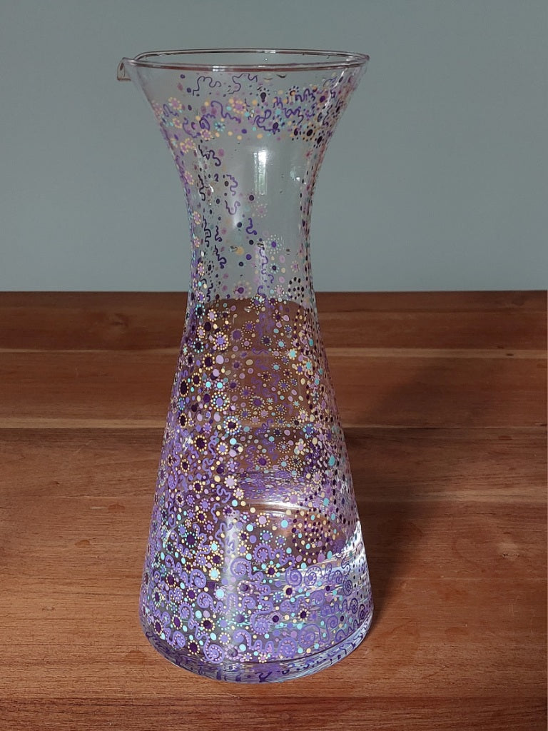 FOCUSED POWER - Glass water Jug 1 ltr-handpainted-circles dotting-Light Language Codes-Purple Aqua