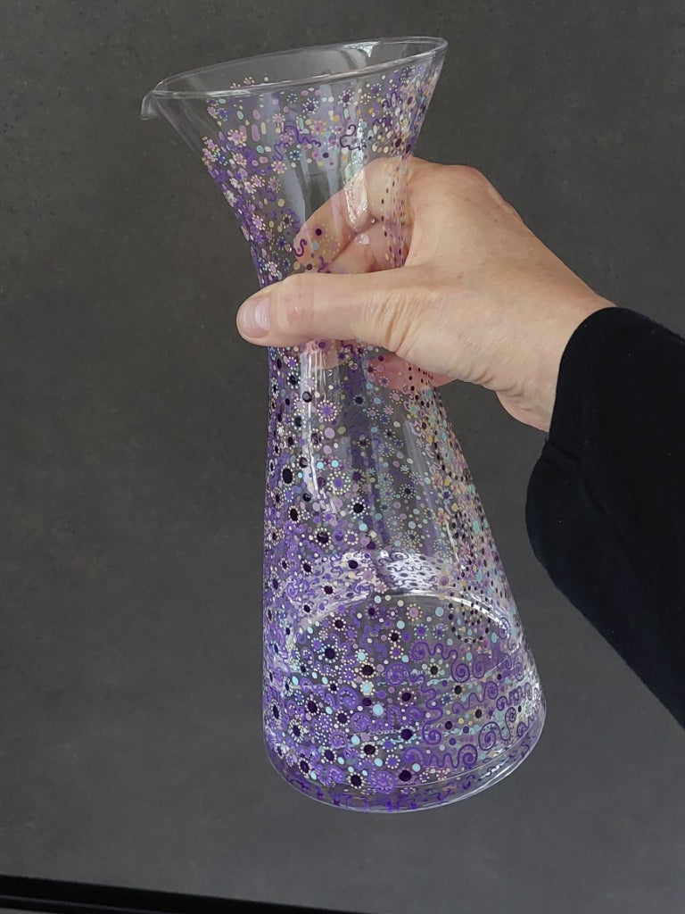 FOCUSED POWER - Glass water Jug 1 ltr-handpainted-circles dotting-Light Language Codes-Purple Aqua
