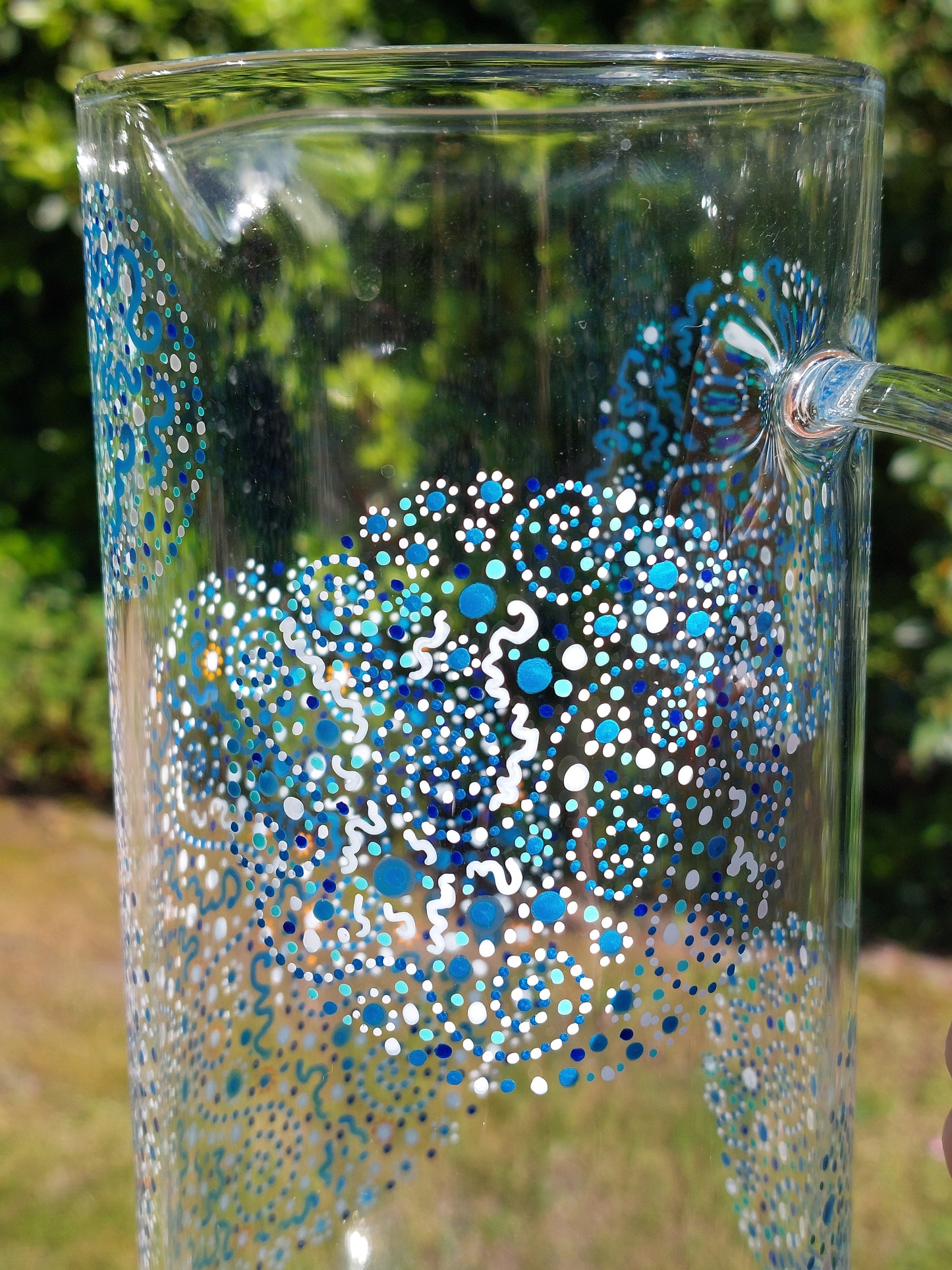 FLOW and CLARITY - Glass water Jug-handpainted with Light Language-dotting circles-(metalic)blue, aqua blue, white, orange