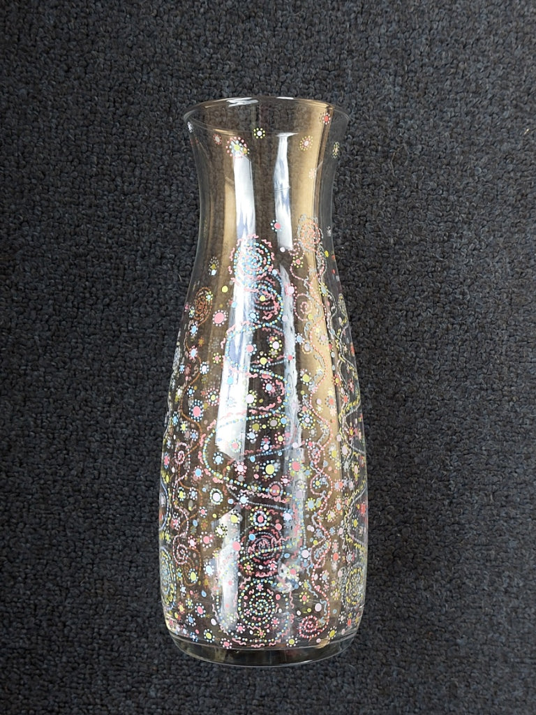 INNOCENCE and PURITY - Glass water bottle-handpainted Light Language codes, dots in pastel bleu, pink, yellow, geen and white