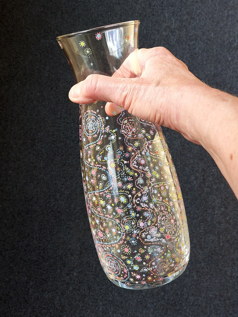 INNOCENCE and PURITY - Glass water bottle-handpainted Light Language codes, dots in pastel bleu, pink, yellow, geen and white