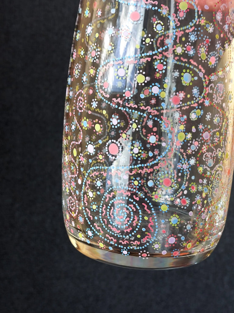 INNOCENCE and PURITY - Glass water bottle-handpainted Light Language codes, dots in pastel bleu, pink, yellow, geen and white