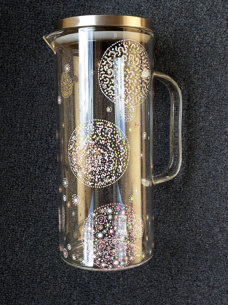 GENTLENESS and PURITY - Glass water Jug, handpainted, Light Language codes dots in pastel bleu, pink, yellow, green,white