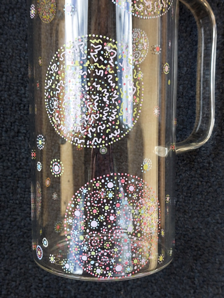 GENTLENESS and PURITY - Glass water Jug, handpainted, Light Language codes dots in pastel bleu, pink, yellow, green,white