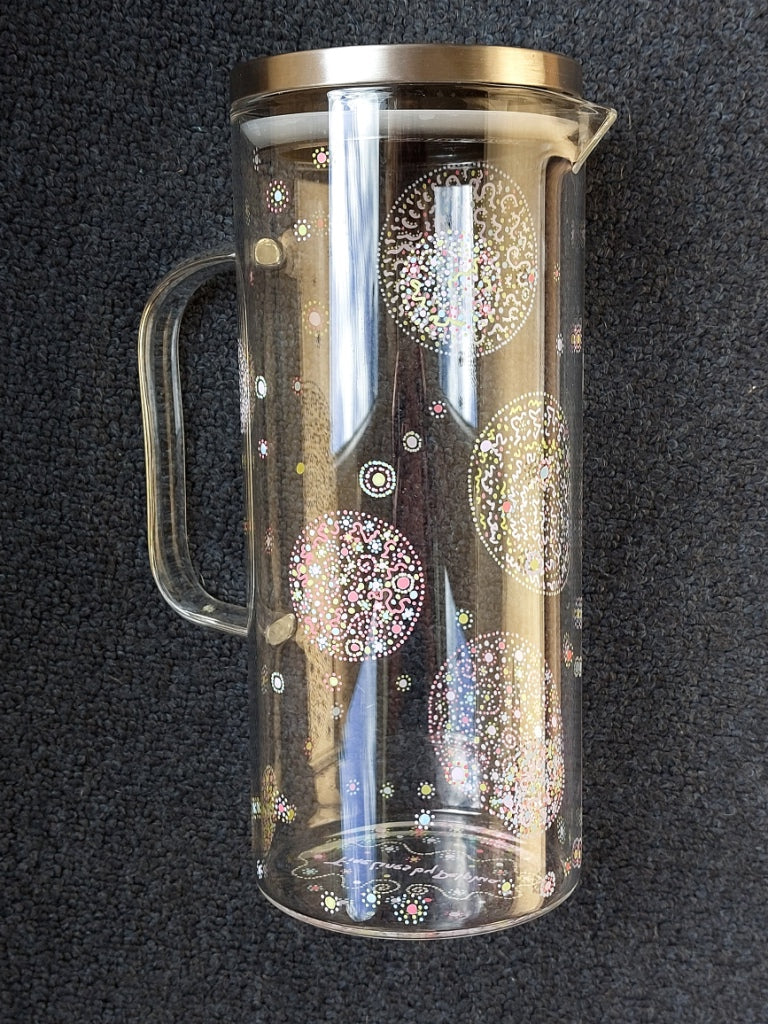 GENTLENESS and PURITY - Glass water Jug, handpainted, Light Language codes dots in pastel bleu, pink, yellow, green,white