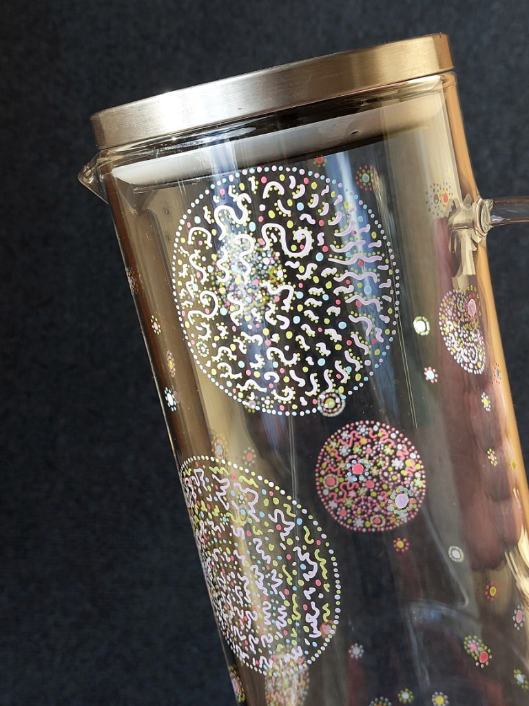GENTLENESS and PURITY - Glass water Jug, handpainted, Light Language codes dots in pastel bleu, pink, yellow, green,white