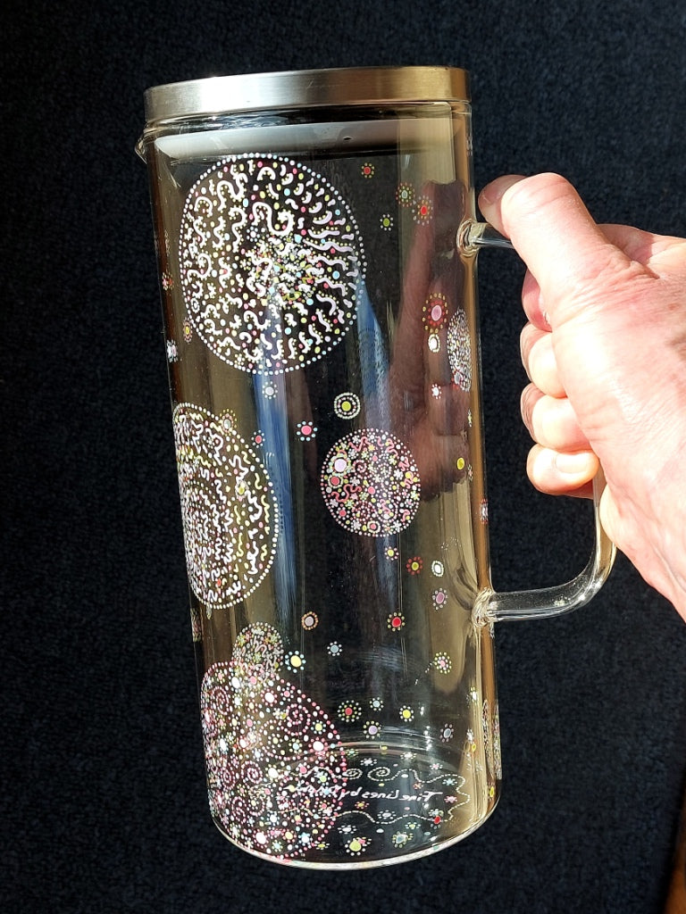 GENTLENESS and PURITY - Glass water Jug, handpainted, Light Language codes dots in pastel bleu, pink, yellow, green,white