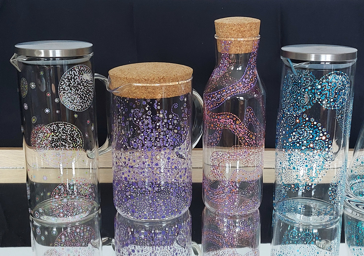 GENTLENESS and PURITY - Glass water Jug, handpainted, Light Language codes dots in pastel bleu, pink, yellow, green,white