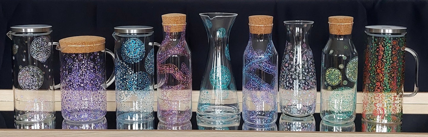 GENTLENESS and PURITY - Glass water Jug, handpainted, Light Language codes dots in pastel bleu, pink, yellow, green,white