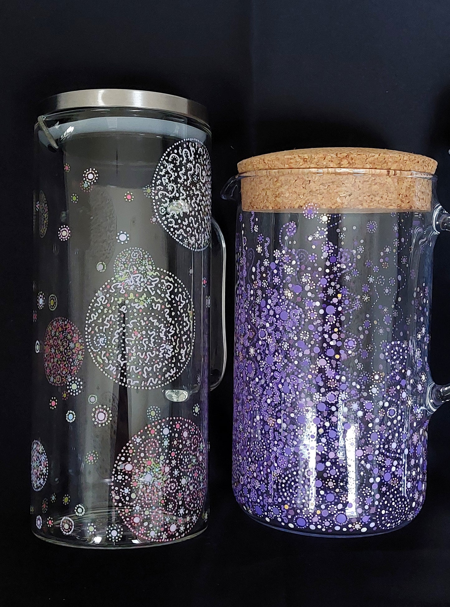 GENTLENESS and PURITY - Glass water Jug, handpainted, Light Language codes dots in pastel bleu, pink, yellow, green,white