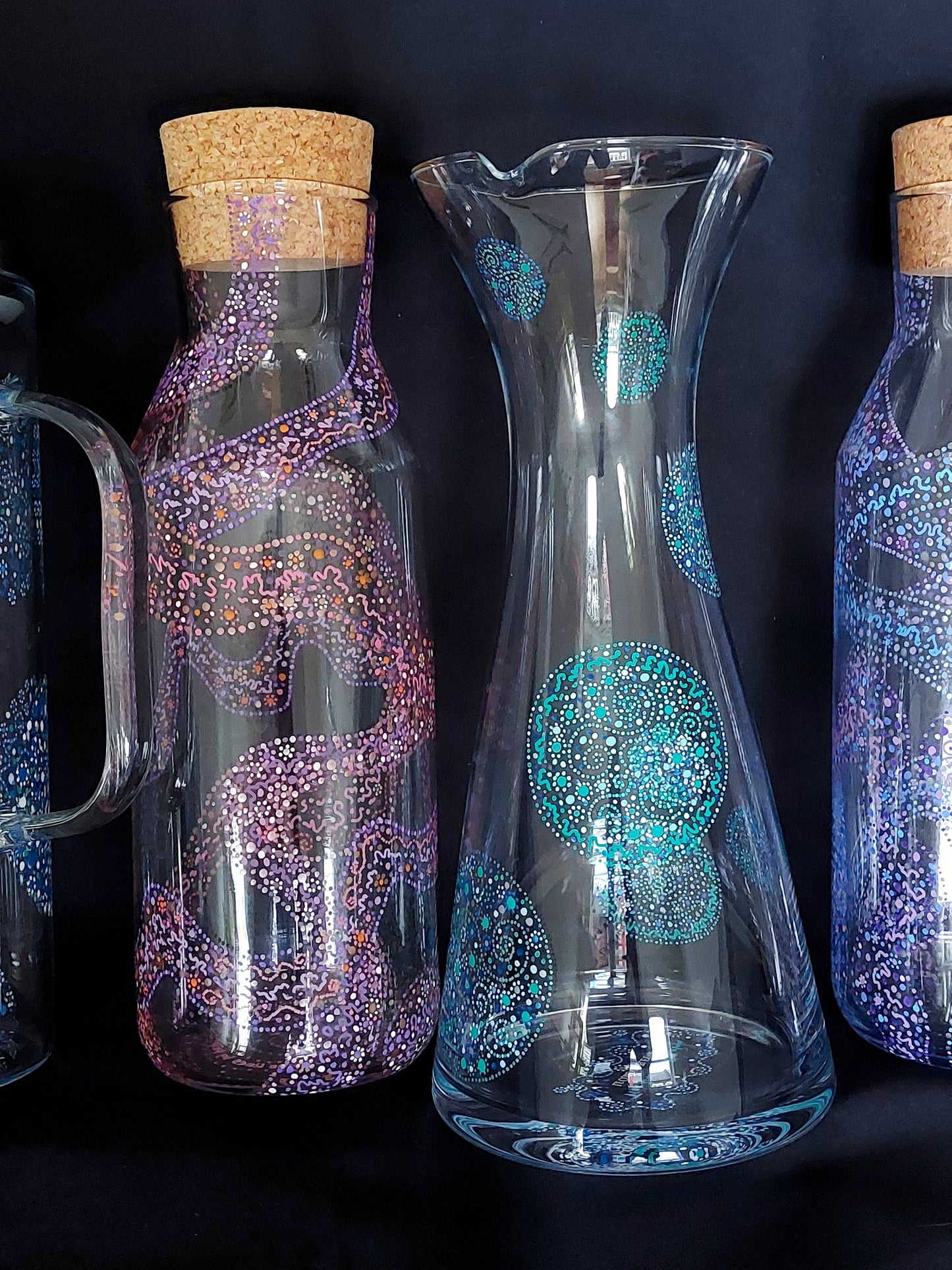 TRUTH and CLARITY - Glass water Jug 1 ltr-handpainted Light Language dots teal blue and green