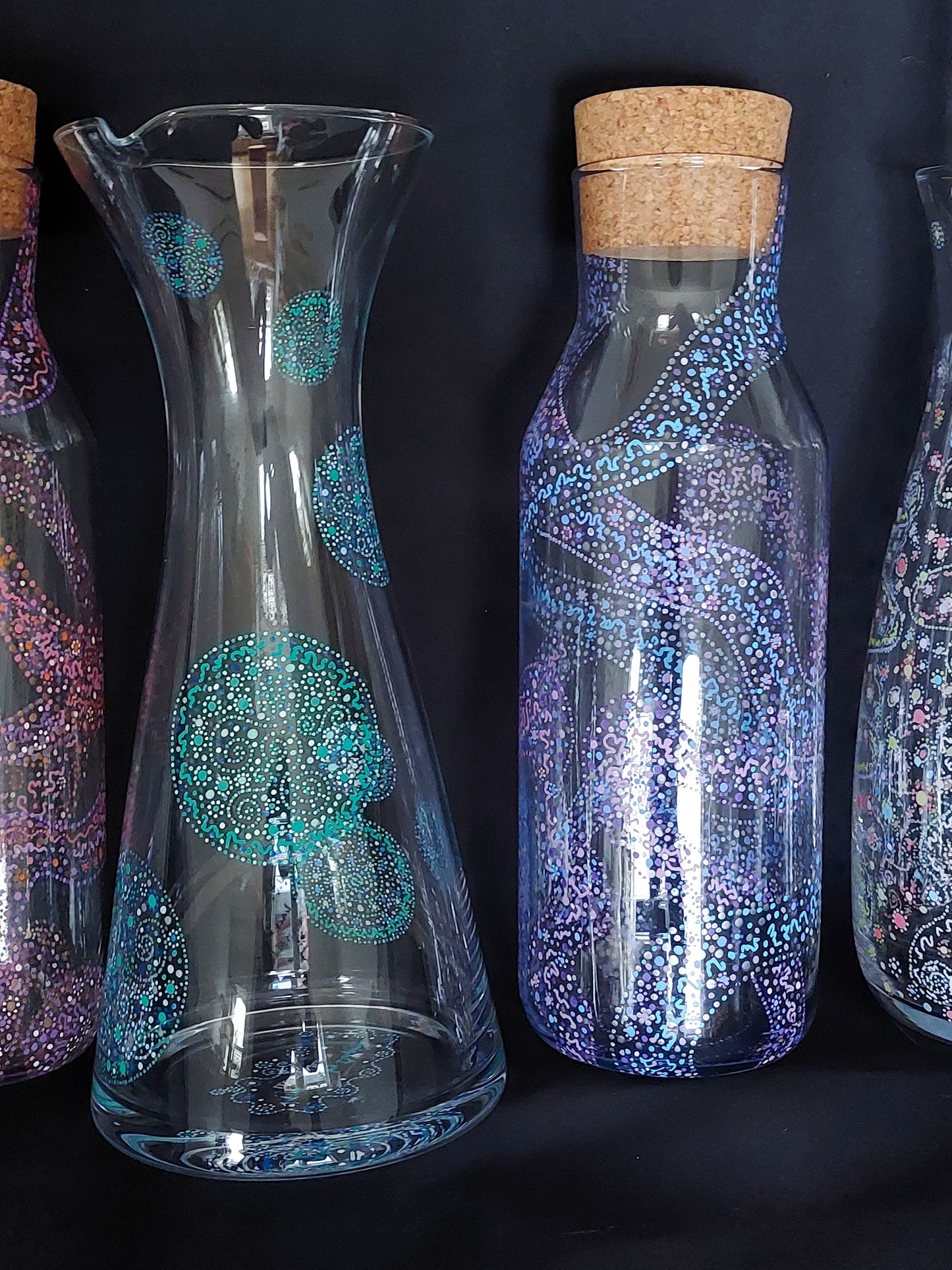 TRUTH and CLARITY - Glass water Jug 1 ltr-handpainted Light Language dots teal blue and green