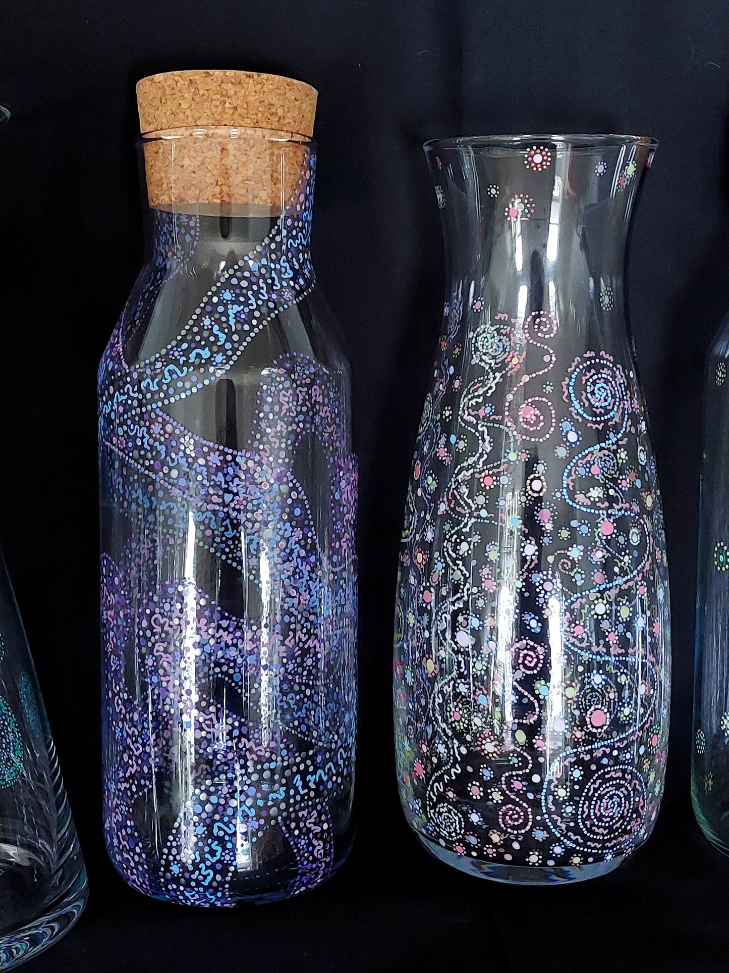 INNOCENCE and PURITY - Glass water bottle-handpainted Light Language codes, dots in pastel bleu, pink, yellow, geen and white