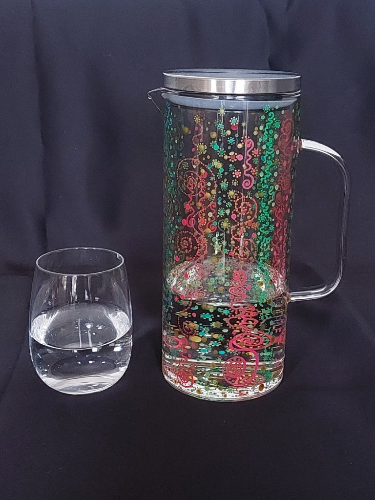 GENEROUSITY and JOY - Water Jug-handpainted with Light Language and dots in red, gold and green