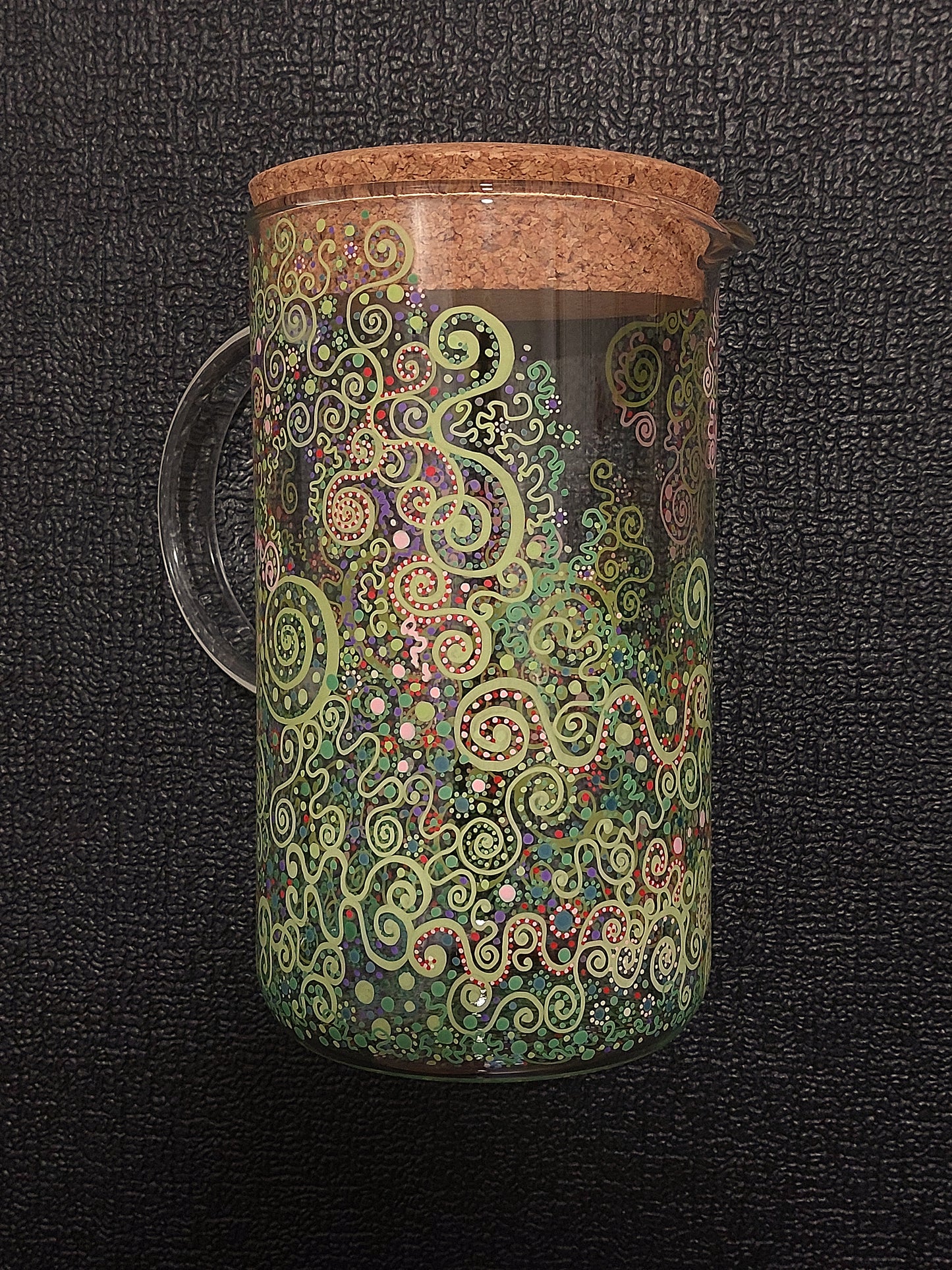 LOVE IS ALL AROUND - Glass water jug, handpainted dots Light language codes, green pink red purple