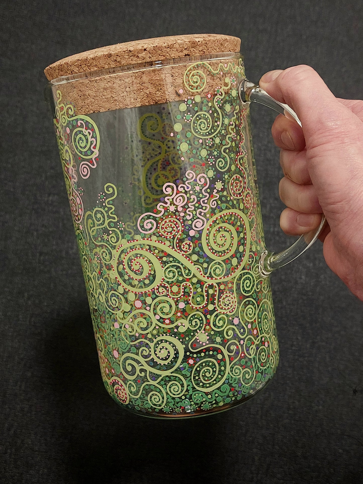 LOVE IS ALL AROUND - Glass water jug, handpainted dots Light language codes, green pink red purple