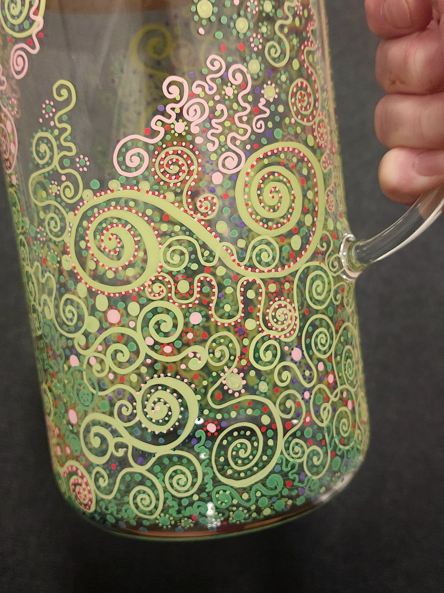 LOVE IS ALL AROUND - Glass water jug, handpainted dots Light language codes, green pink red purple