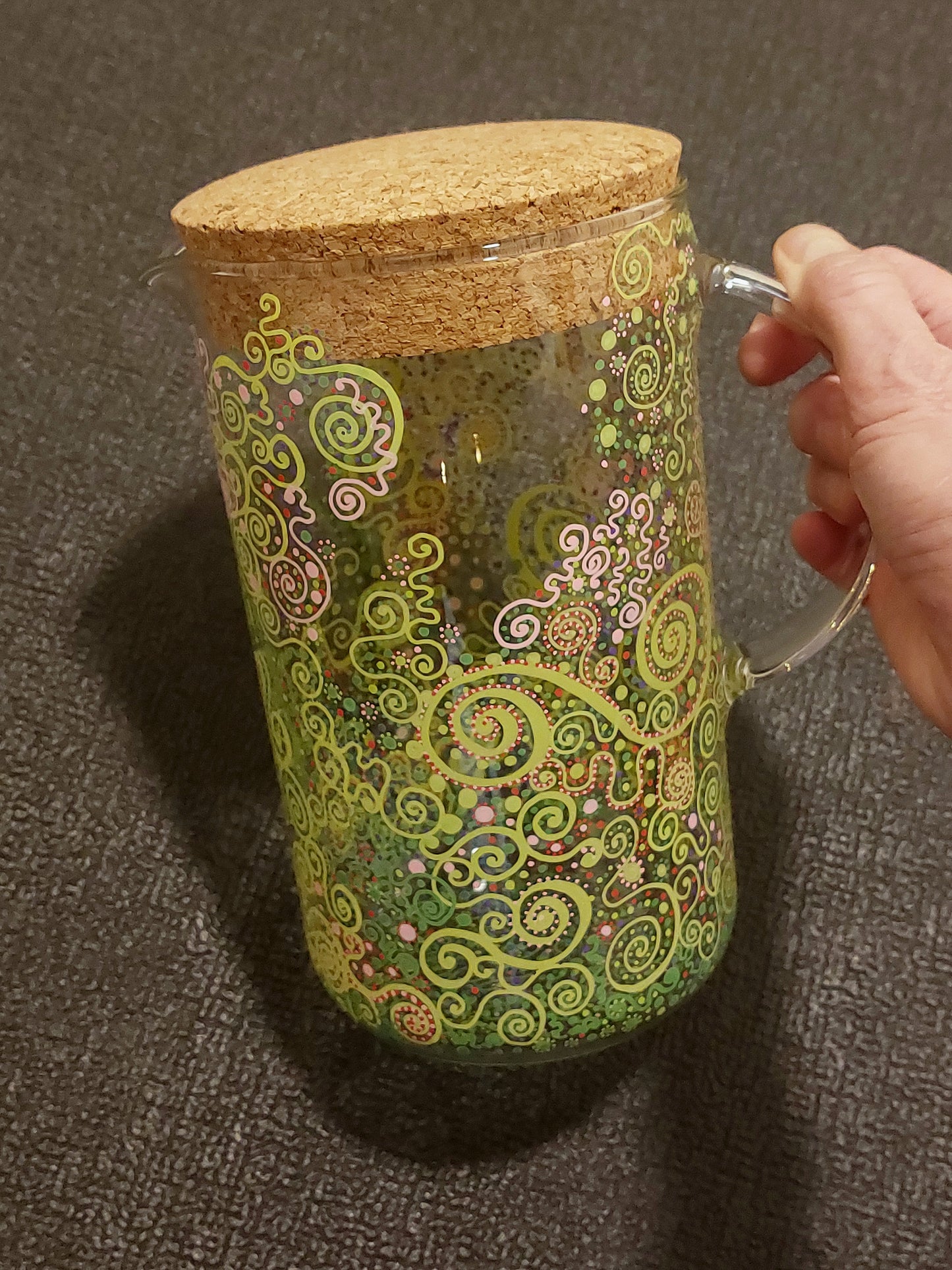 LOVE IS ALL AROUND - Glass water jug, handpainted dots Light language codes, green pink red purple