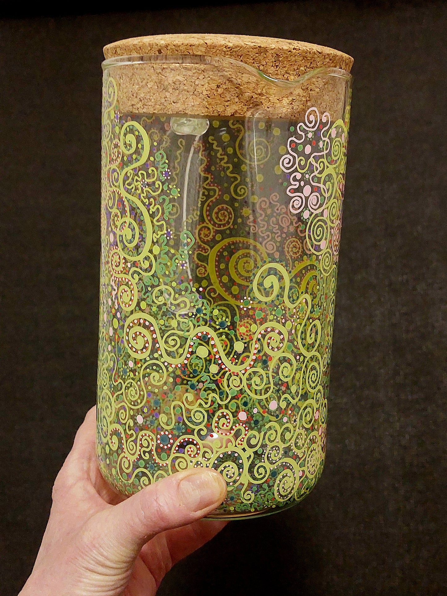 LOVE IS ALL AROUND - Glass water jug, handpainted dots Light language codes, green pink red purple