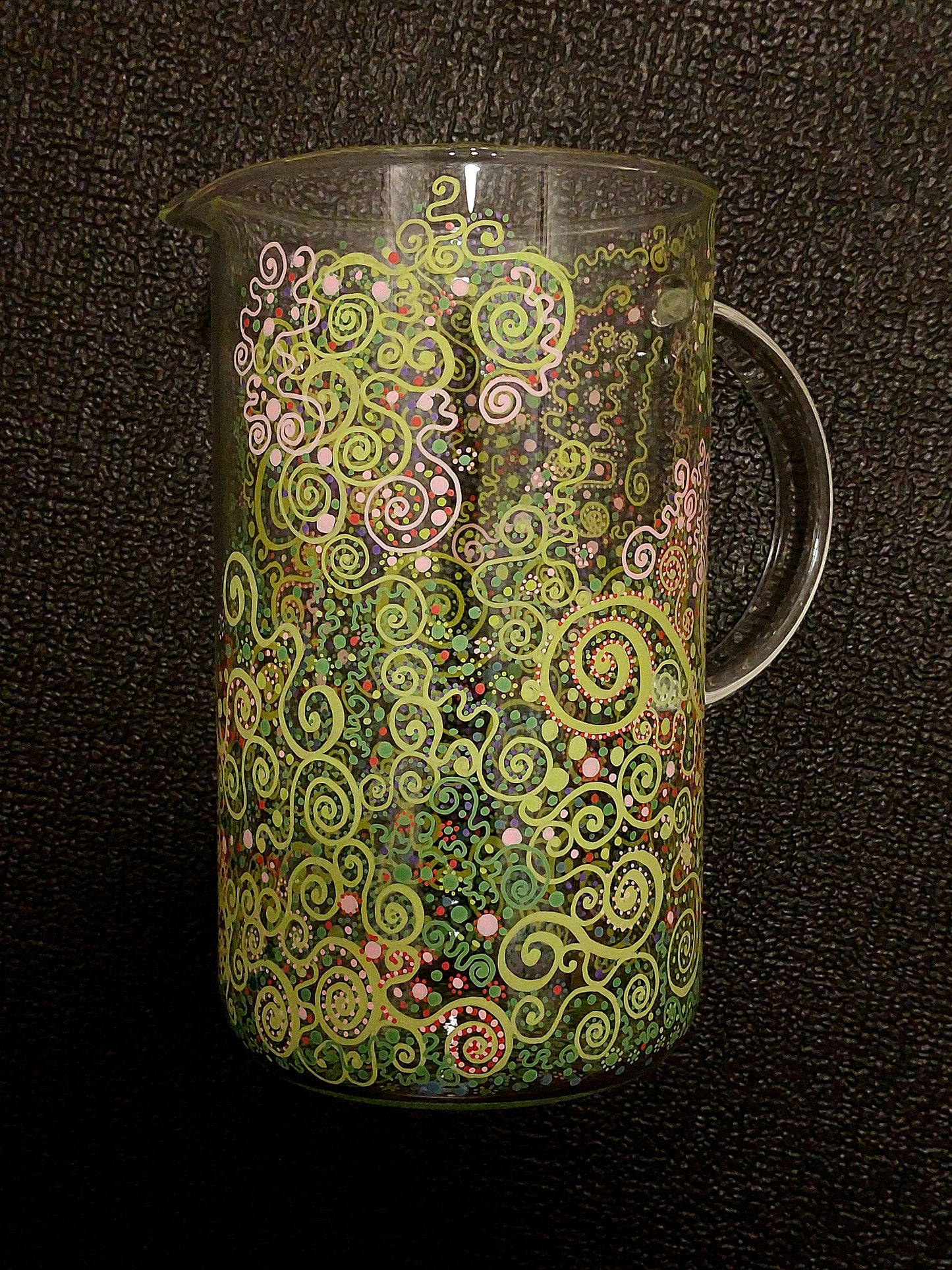 LOVE IS ALL AROUND - Glass water jug, handpainted dots Light language codes, green pink red purple