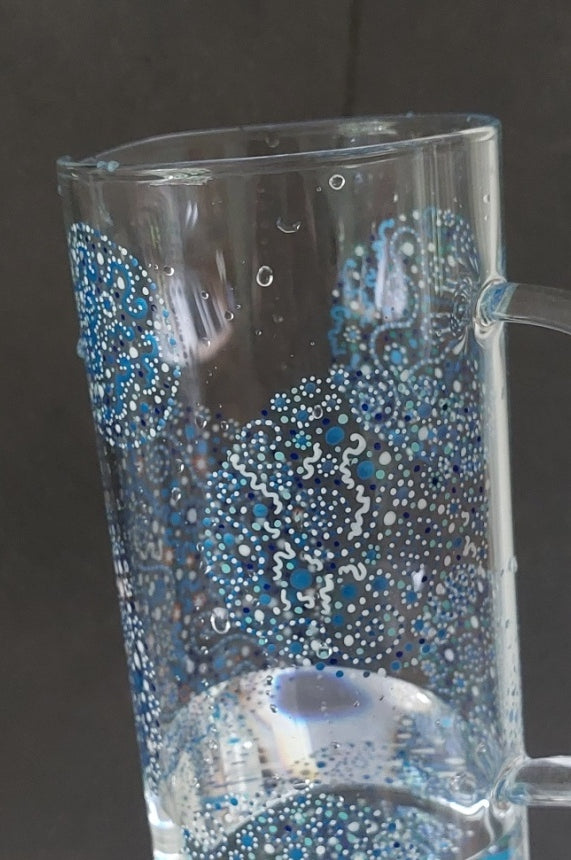 FLOW and CLARITY - Glass water Jug-handpainted with Light Language-dotting circles-(metalic)blue, aqua blue, white, orange