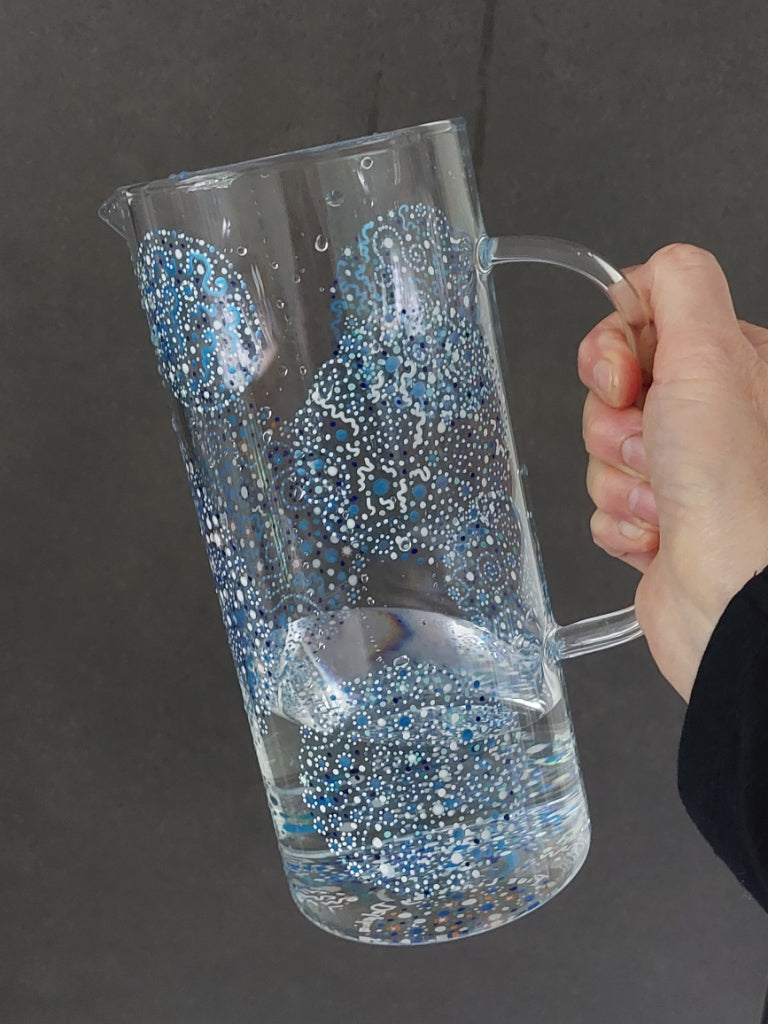 FLOW and CLARITY - Glass water Jug-handpainted with Light Language-dotting circles-(metalic)blue, aqua blue, white, orange