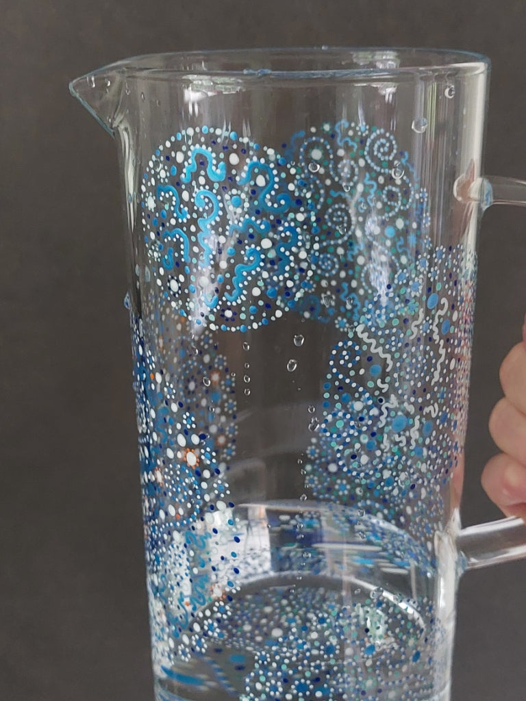 FLOW and CLARITY - Glass water Jug-handpainted with Light Language-dotting circles-(metalic)blue, aqua blue, white, orange