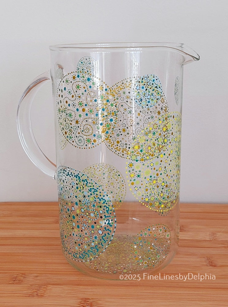Water Jug 1,6 liter- Spring-Love Joy-hand painted with Light Language, Dots circles spirals in Green, Yellow, Gold blue