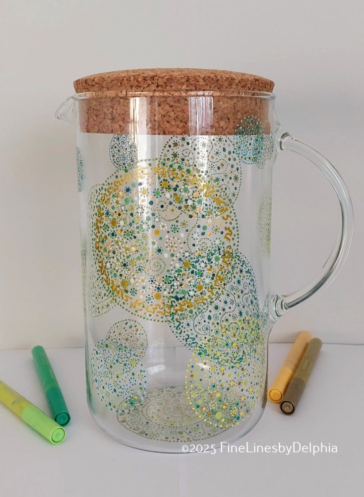 Water Jug 1,6 liter- Spring-Love Joy-hand painted with Light Language, Dots circles spirals in Green, Yellow, Gold blue